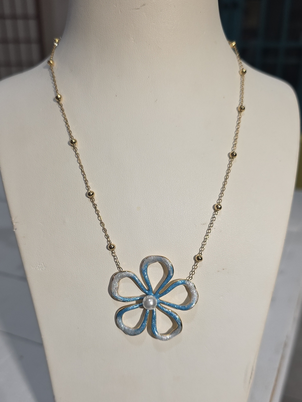 14k Elegant Plated Gold Chain Necklace with Blue Flower Pendant by